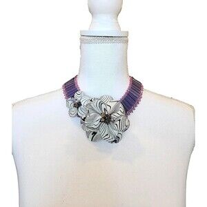 Unique Large Flower Mother of Pearl  and Faux Pearl with Purple Beads - Choker